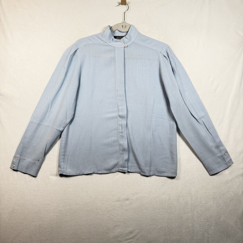 Vintage Simone Alexander Patty Woodard Blue Hidden Button Blouse Mock Collar